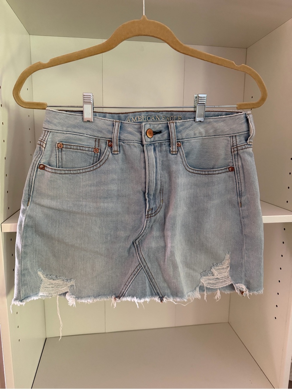 American Eagle Outfitters Faded Light Blue Distressed Denim Mini Skirt